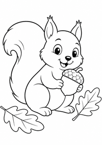 Eichhörnchen mit Eichel ist ein kostenloses A4-Ausmalbild mit klaren schwarzen Konturen und großen einfachen Flächen für Kinder von 6 bis 7 Jahren.