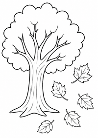 Herbstbaum mit fallenden Blättern ist ein kostenloses A4-Ausmalbild mit klaren schwarzen Konturen und großen einfachen Flächen für Kinder von 6 bis 7 Jahren.