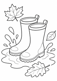 Gummistiefel in einer Pfütze ist ein kostenloses A4-Ausmalbild mit klaren schwarzen Konturen und großen einfachen Flächen für Kinder von 6 bis 7 Jahren.