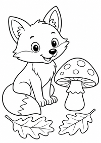 Fuchs neben einem Pilz ist ein kostenloses A4-Ausmalbild mit klaren schwarzen Konturen und großen einfachen Flächen für Kinder von 6 bis 7 Jahren.