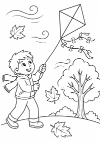 Kind lässt Herbst-Drachen steigen ist ein kostenloses A4-Ausmalbild mit klaren schwarzen Konturen und großen einfachen Flächen für Kinder von 6 bis 7 Jahren.