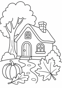 Kleines Haus im Herbstwald ist ein kostenloses A4-Ausmalbild mit klaren schwarzen Konturen und großen einfachen Flächen für Kinder von 6 bis 7 Jahren.