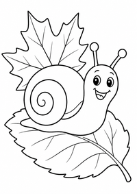 Fröhliche Schnecke auf Blatt ist ein kostenloses A4-Ausmalbild mit klaren schwarzen Konturen und großen einfachen Flächen für Kinder von 6 bis 7 Jahren.