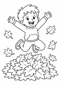 Kind springt in Blätterhaufen ist ein kostenloses A4-Ausmalbild mit klaren schwarzen Konturen und großen einfachen Flächen für Kinder von 6 bis 7 Jahren.