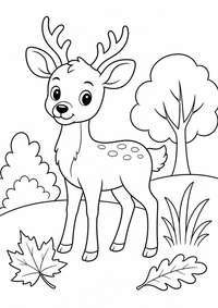 Reh auf einer Herbstwiese ist ein kostenloses A4-Ausmalbild mit klaren schwarzen Konturen und großen einfachen Flächen für Kinder von 6 bis 7 Jahren.