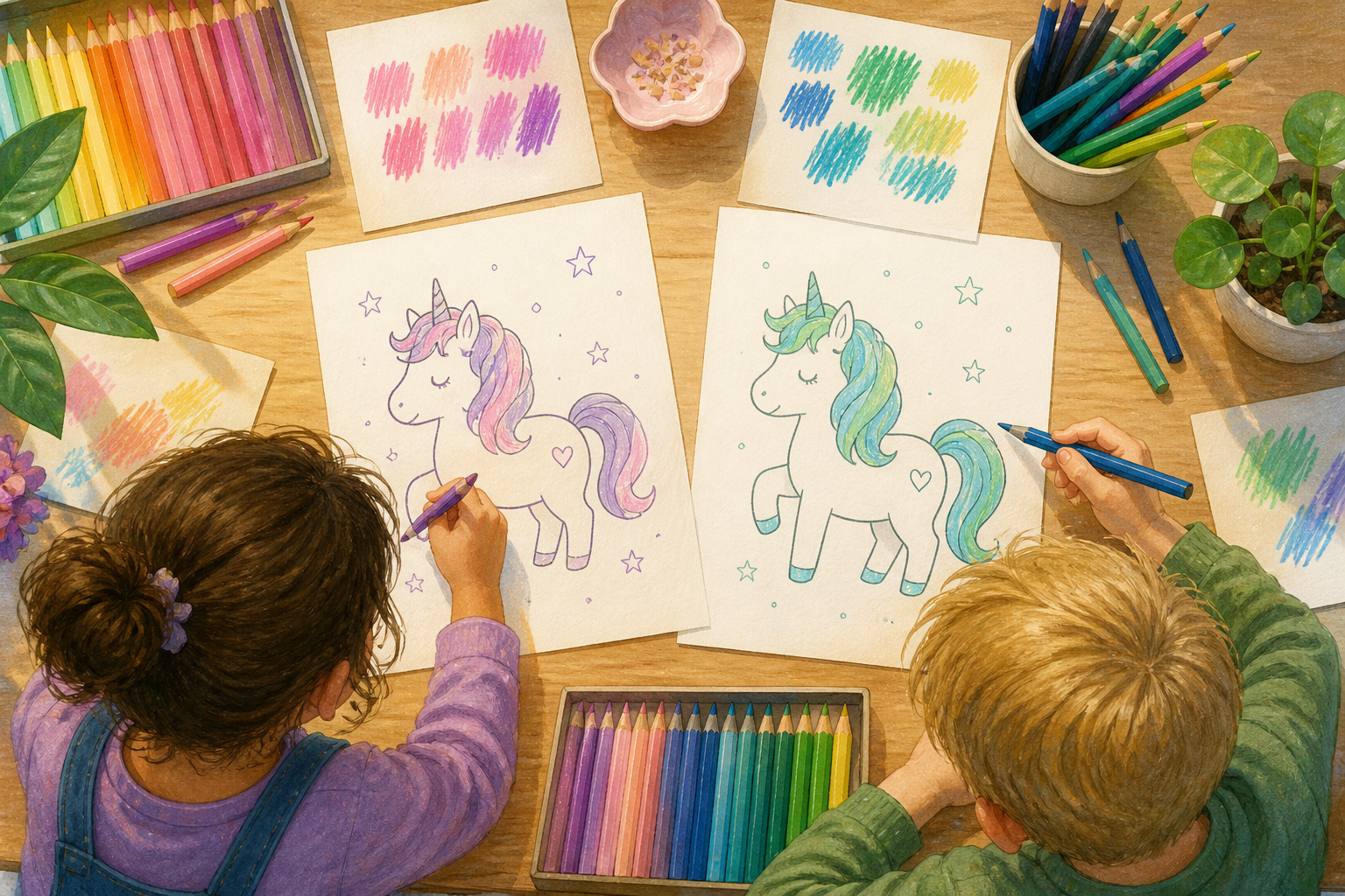 Zwei Kinder wählen unterschiedliche Farben für dasselbe Einhorn-Ausmalbild.