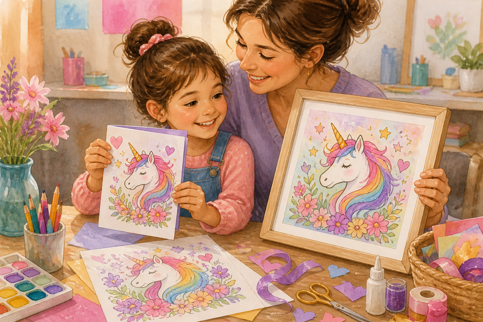 Ein Elternteil und ein Kind gestalten aus einem ausgemalten Einhorn-Bild eine Karte und ein kleines gerahmtes Geschenk.