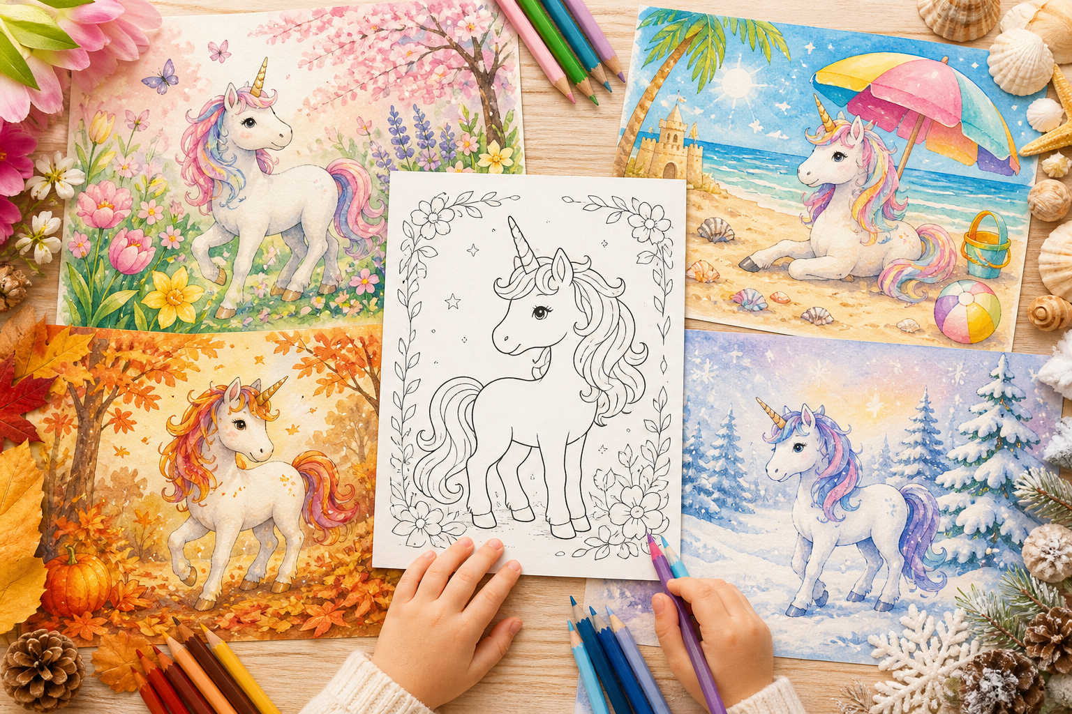 Vier jahreszeitliche Einhorn-Ausmalideen mit Blumen, Strand, Herbstlaub und Schnee liegen an einem kreativen Tisch.