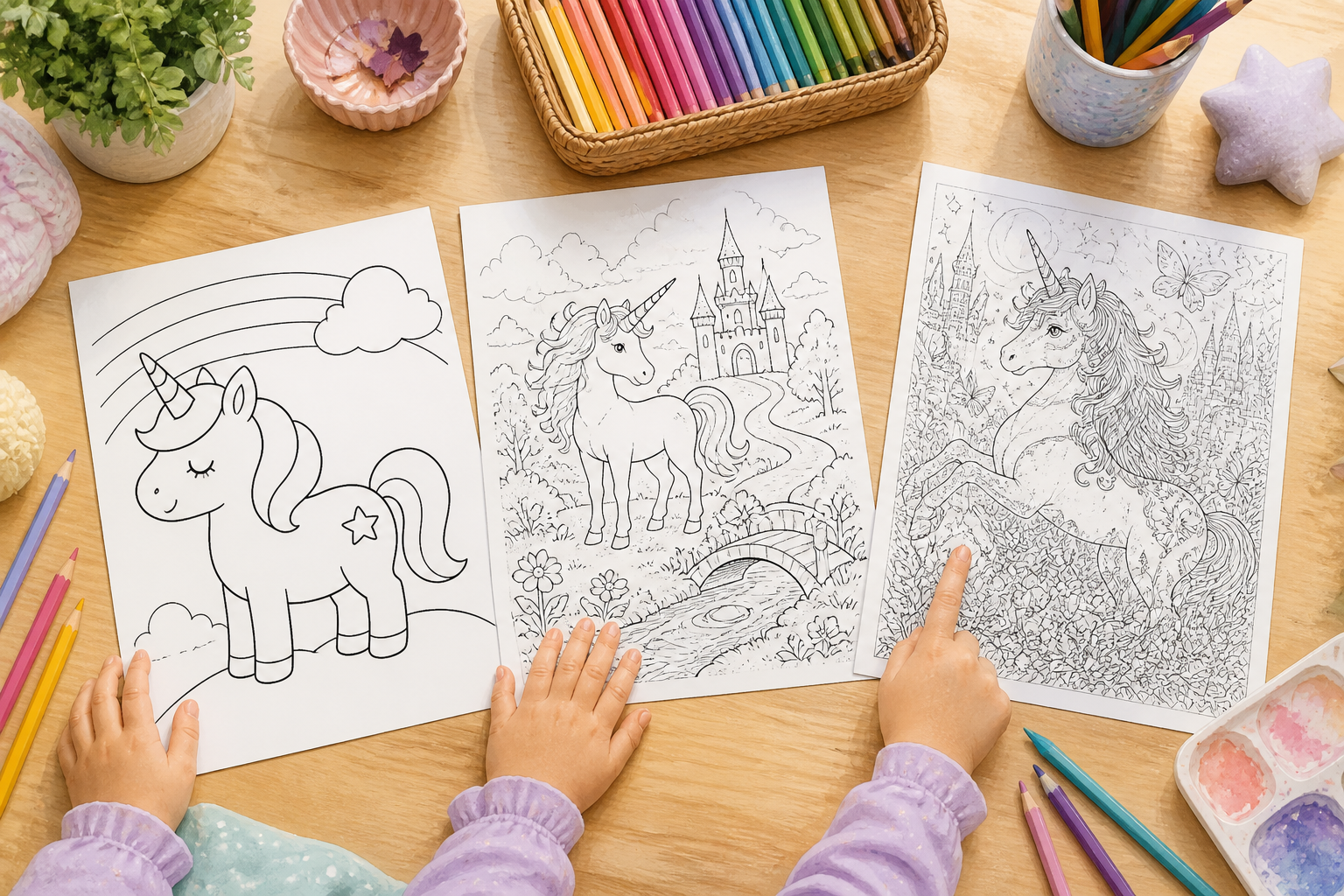 Kinderhände vergleichen drei Einhorn-Ausmalbilder mit unterschiedlich vielen Details.