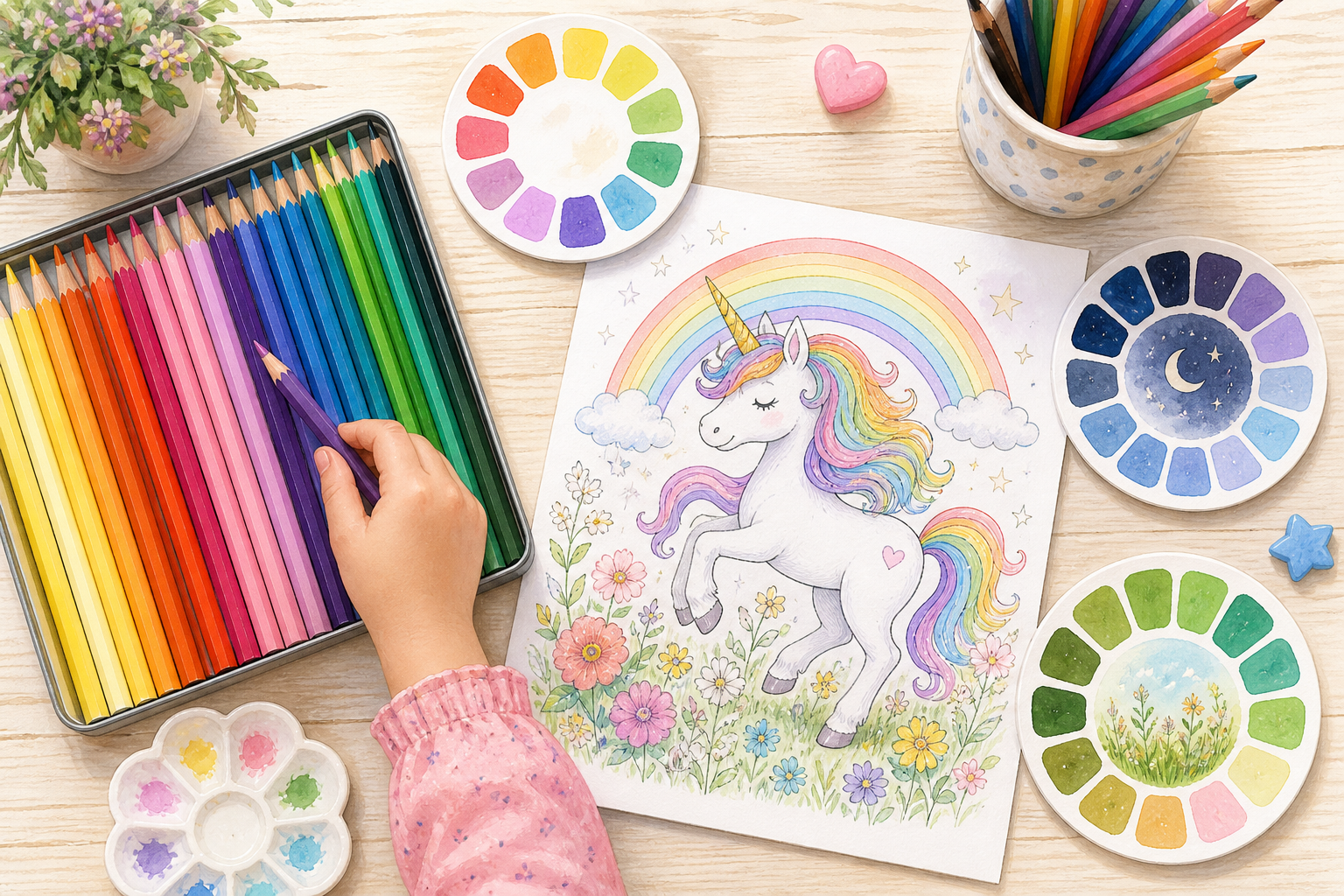Eine Kinderhand wählt an einem Tisch mit Farbstiften eine Farbpalette für ein Einhorn-Ausmalbild.