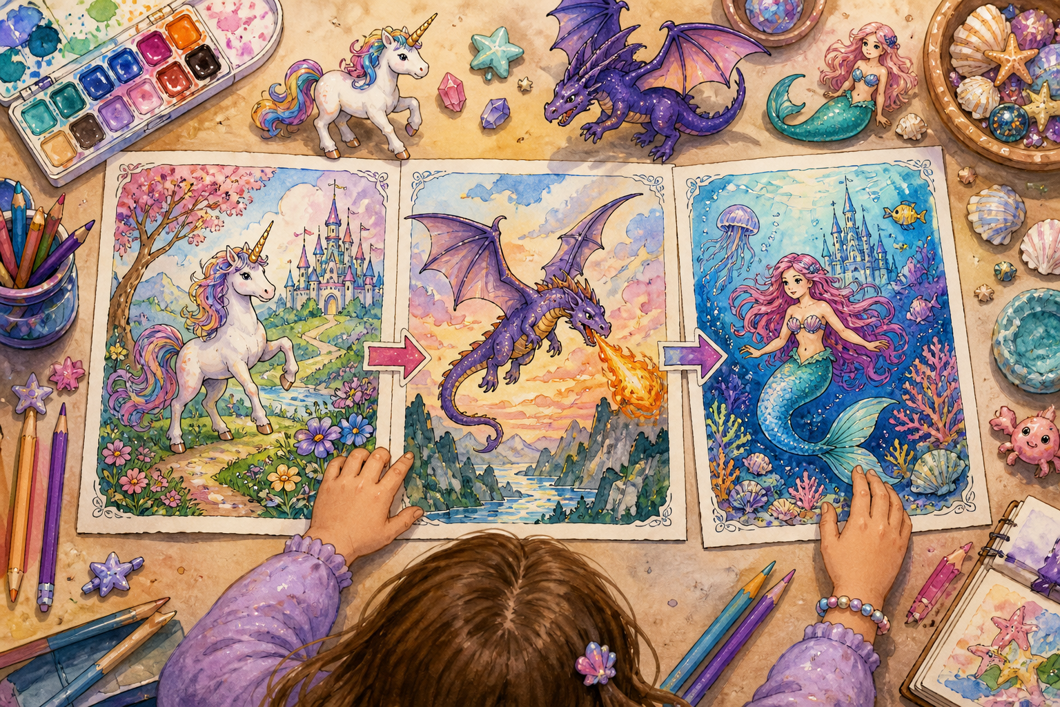 Ein Kind ordnet Einhorn-, Drachen- und Meerjungfrau-Ausmalbilder zu einer Fantasiegeschichte an.