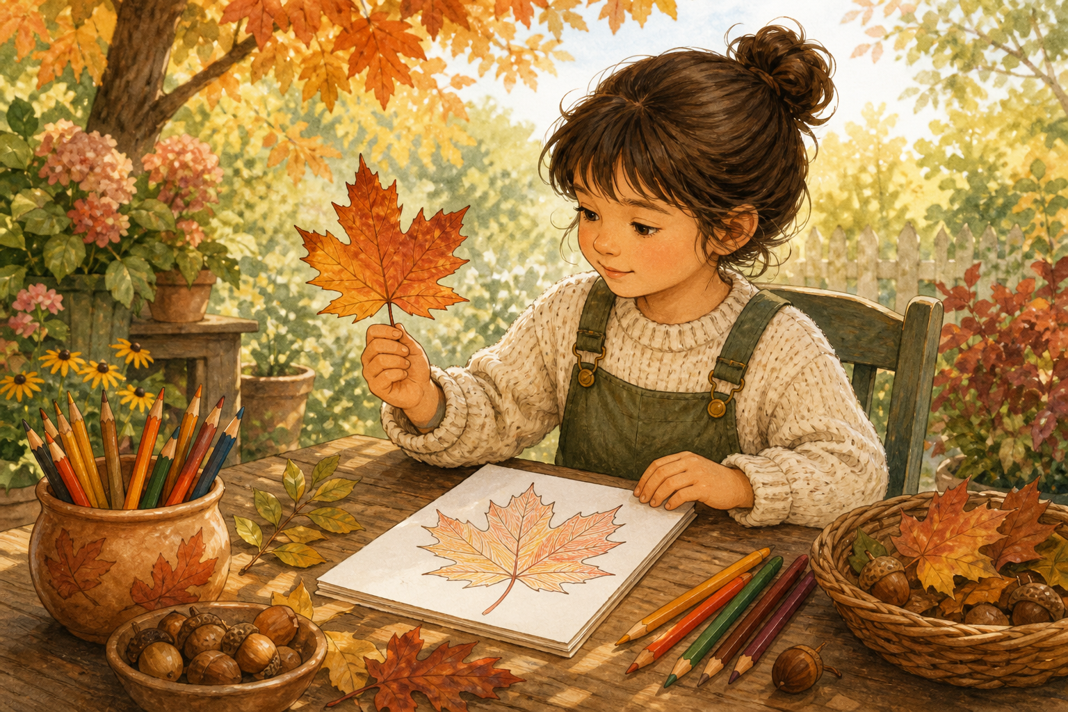Ein Kind vergleicht ein Herbstblatt mit einem Blatt-Ausmalbild.
