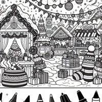 Tauche ein in die festliche Atmosphäre eines verschneiten Weihnachtsmarktes mit dieser detaillierten Malvorlage. Genieße es, die Hütten, die Weihnachtsdekoration und die Geschenke mit deinen Lieblingsfarben zu versehen. Perfekt, um in Weihnachtsstimmung zu kommen!