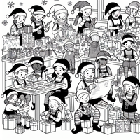 Ein wunderbares Malbild, das fleissige Weihnachtswichtel in ihrer Werkstatt zeigt. Kinder können die Szene mit vielen Geschenken und Aktivitäten bunt ausmalen. Perfekt für die Weihnachtszeit!