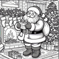 Tauchen Sie ein in die Weihnachtsstimmung mit diesem zauberhaften Ausmalbild eines lächelnden Weihnachtsmannes in einem gemütlichen Wohnzimmer. Umgeben von einem geschmückten Weihnachtsbaum und Geschenken, ist dieses Bild perfekt für kreative Kinder und Erwachsene, die Freude am Ausmalen finden.