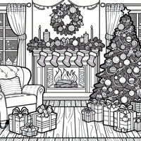 Diese Ausmalseite zeigt eine festlich geschmückte Wohnzimmerlandschaft mit einem Weihnachtsbaum, Geschenken, einem gemütlichen Kamin und Weihnachtsdekorationen. Perfekt zum Ausmalen und in Weihnachtsstimmung kommen!
