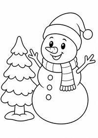 Schneemann neben einem Baum ist ein kostenloses A4-Ausmalbild mit klaren schwarzen Konturen und großen einfachen Flächen für Kinder von 6 bis 7 Jahren.