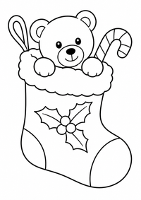 Weihnachtsstrumpf mit Teddy ist ein kostenloses A4-Ausmalbild mit klaren schwarzen Konturen und großen einfachen Flächen für Kinder von 6 bis 7 Jahren.