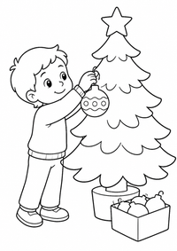 Kind schmückt Weihnachtsbaum ist ein kostenloses A4-Ausmalbild mit klaren schwarzen Konturen und großen einfachen Flächen für Kinder von 6 bis 7 Jahren.