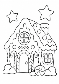Lebkuchenhaus mit Sternen ist ein kostenloses A4-Ausmalbild mit klaren schwarzen Konturen und großen einfachen Flächen für Kinder von 6 bis 7 Jahren.