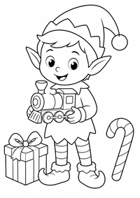 Elf mit Spielzeugeisenbahn ist ein kostenloses A4-Ausmalbild mit klaren schwarzen Konturen und großen einfachen Flächen für Kinder von 6 bis 7 Jahren.