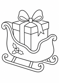 Schlitten mit Geschenk ist ein kostenloses A4-Ausmalbild mit klaren schwarzen Konturen und großen einfachen Flächen für Kinder von 6 bis 7 Jahren.