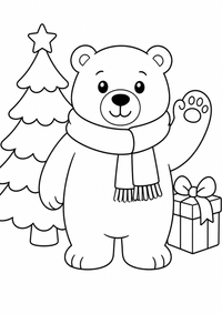 Eisbär mit Schal ist ein kostenloses A4-Ausmalbild mit klaren schwarzen Konturen und großen einfachen Flächen für Kinder von 6 bis 7 Jahren.