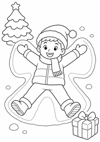 Kind macht Schneeengel ist ein kostenloses A4-Ausmalbild mit klaren schwarzen Konturen und großen einfachen Flächen für Kinder von 6 bis 7 Jahren.