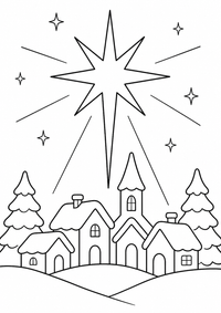Weihnachtsstern über Dorf ist ein kostenloses A4-Ausmalbild mit klaren schwarzen Konturen und großen einfachen Flächen für Kinder von 6 bis 7 Jahren.