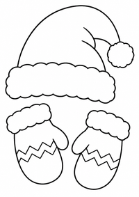 Weihnachtsmütze und Handschuhe ist ein kostenloses A4-Ausmalbild mit klaren schwarzen Konturen und großen einfachen Flächen für Kinder von 6 bis 7 Jahren.