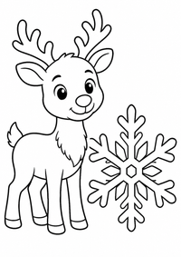Rentier mit Schneeflocke ist ein kostenloses A4-Ausmalbild mit klaren schwarzen Konturen und großen einfachen Flächen für Kinder von 6 bis 7 Jahren.