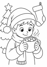 Kind trinkt heißen Kakao ist ein kostenloses A4-Ausmalbild mit klaren schwarzen Konturen und großen einfachen Flächen für Kinder von 6 bis 7 Jahren.