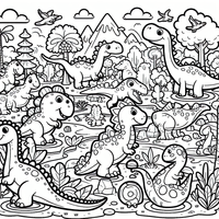Tauche ein in die faszinierende Welt der Dinosaurier! Diese detaillierte Ausmalvorlage zeigt diverse verspielte Dinosaurier in einer lebendigen prähistorischen Landschaft mit Bergen, Bäumen und Vögeln. Ideal für kleine Dinosaurier-Fans, die ihrer Kreativität freien Lauf lassen möchten. Perfekt, um Farbe und Leben in die prähistorische Zeit zu bringen!