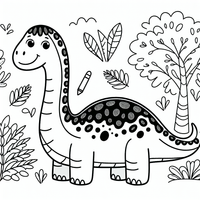 Entdecken Sie die magische Welt der prähistorischen Abenteuer mit dieser entzückenden Malvorlage eines lächelnden Dinosauriers inmitten einer Waldlandschaft. Perfekt für kleine Künstler, die Spaß am Ausmalen der Blätter, Bäume und des freundlichen Dinosauriers haben! Los geht's mit den Buntstiften!