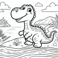 Entdecke die spannende Welt der Dinosaurier mit diesem fröhlichen Dinosaurier, der am Ufer eines Sees steht. Mit einer malerischen Landschaft, die Pflanzen und Berge im Hintergrund zeigt, bietet diese Malvorlage stundenlangen kreativen Spaß für Kinder.