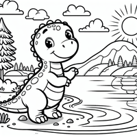 Dieser detaillierte Ausmalbogen zeigt einen niedlichen Dinosaurier, der am Ufer eines Sees steht, umgeben von einer malerischen Berglandschaft und strahlendem Sonnenschein. Perfekt für kleine Künstler, die gerne kreativ werden!