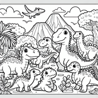 Diese Malvorlage zeigt eine Gruppe fröhlicher Dinosaurier, die in einem üppig bewachsenen Dschungel mit Bergen im Hintergrund spielen. Perfekt für kleine Entdecker, die gerne malen und mehr über die prähistorische Welt erfahren möchten. Ideal, um der Kreativität freien Lauf zu lassen und bunte Dinosaurier zu erschaffen!