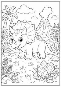 Ein niedlicher Triceratops läuft durch einen Urzeitwald mit Farnen, Vulkan und Dino-Eiern. Kostenloses Dinosaurier Ausmalbild mit klaren Konturen für Kinder.