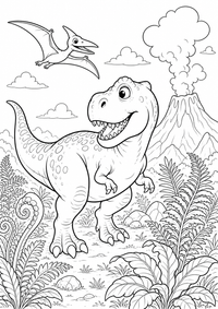 T-Rex em Volcano Valley — página para colorir é uma página gratuita para colorir e imprimir em A4, com contornos pretos nítidos e áreas claras para colorir. Sem cadastro.