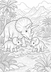 Triceratops família por rio — página para colorir é uma página gratuita para colorir e imprimir em A4, com contornos pretos nítidos e áreas claras para colorir. Sem cadastro.