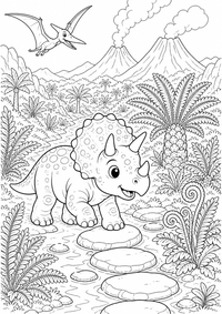 Triceratopo nella valle delle felci raffigura un Triceratopo nella valle delle felci con pozza d'acqua, rocce e colline vulcaniche. Questo disegno gratuito da stampare in A4 ha contorni neri chiari su sfondo bianco.