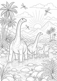 Dinosauri dal collo lungo al fiume raffigura dinosauri dal collo lungo che attraversano un fiume con montagne, palme e uccelli. Questo disegno gratuito da stampare in A4 ha contorni neri chiari su sfondo bianco.