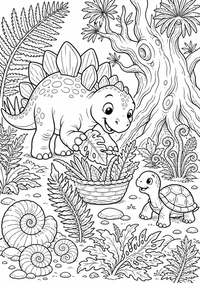 Stegosauro che raccoglie foglie raffigura uno Stegosauro che raccoglie foglie nella foresta di felci con cestino e farfalle. Questo disegno gratuito da stampare in A4 ha contorni neri chiari su sfondo bianco.