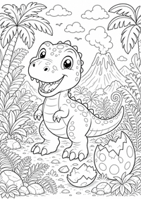 Ein freundliches T-Rex Baby steht zwischen Farnen, Palmen und Vulkanbergen mit starken Konturen. Kostenloses Ausmalbild zum Ausdrucken als druckbare PNG-Datei für A4.