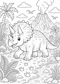 Ein Triceratops läuft vor einem Vulkan durch eine Urzeit Landschaft mit Pflanzen und Wolken. Kostenloses Ausmalbild zum Ausdrucken als druckbare PNG-Datei für A4.