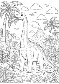 Ein sanfter Brachiosaurus frisst Blätter zwischen Palmen, Farnen, Felsen und Urzeitlandschaft. Kostenloses Dinosaurier Ausmalbild zum Ausdrucken als hochwertige PNG-Datei für A4.