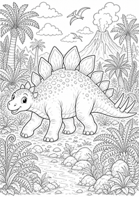 Ein freundlicher Stegosaurus läuft durch einen Farnwald mit Urzeitpflanzen, Fluss und Vulkan im Hintergrund. Kostenloses Dinosaurier Ausmalbild zum Ausdrucken als hochwertige PNG-Datei für A4.