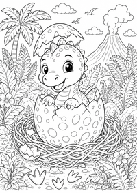 Ein Baby Dinosaurier schluepft aus einem großen Dino Ei in einem Nest mit Farnen, Steinen und Spuren. Kostenloses Dinosaurier Ausmalbild zum Ausdrucken als hochwertige PNG-Datei für A4.