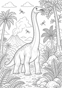 Ein sanfter Brachiosaurus frisst Blätter im Urzeitwald mit Farnen, Palmen, Vulkan, Steinen und Libellen. Kostenloses Dinosaurier Ausmalbild zum Ausdrucken als hochwertige PNG-Datei für A4.