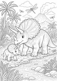 Eine freundliche Triceratops Familie wandert am Fluss entlang mit Farnen, Palmen, Vulkanbergen und Wasserlinien. Kostenloses Dinosaurier Ausmalbild zum Ausdrucken als hochwertige PNG-Datei für A4.